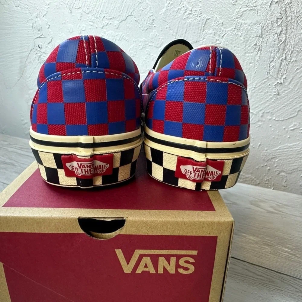 Vans Classic Slip-On Shoes Mens Size 8 Red Blue Canvas Checkerboard Skater NEW